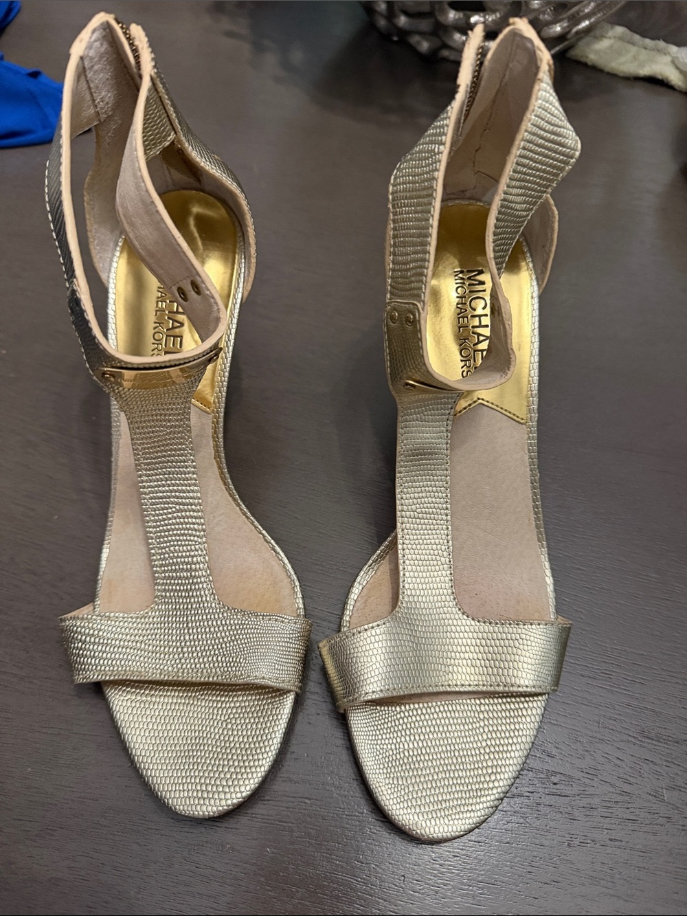 Michael Kors Metallic Gold T-Strap Heeled Sandals